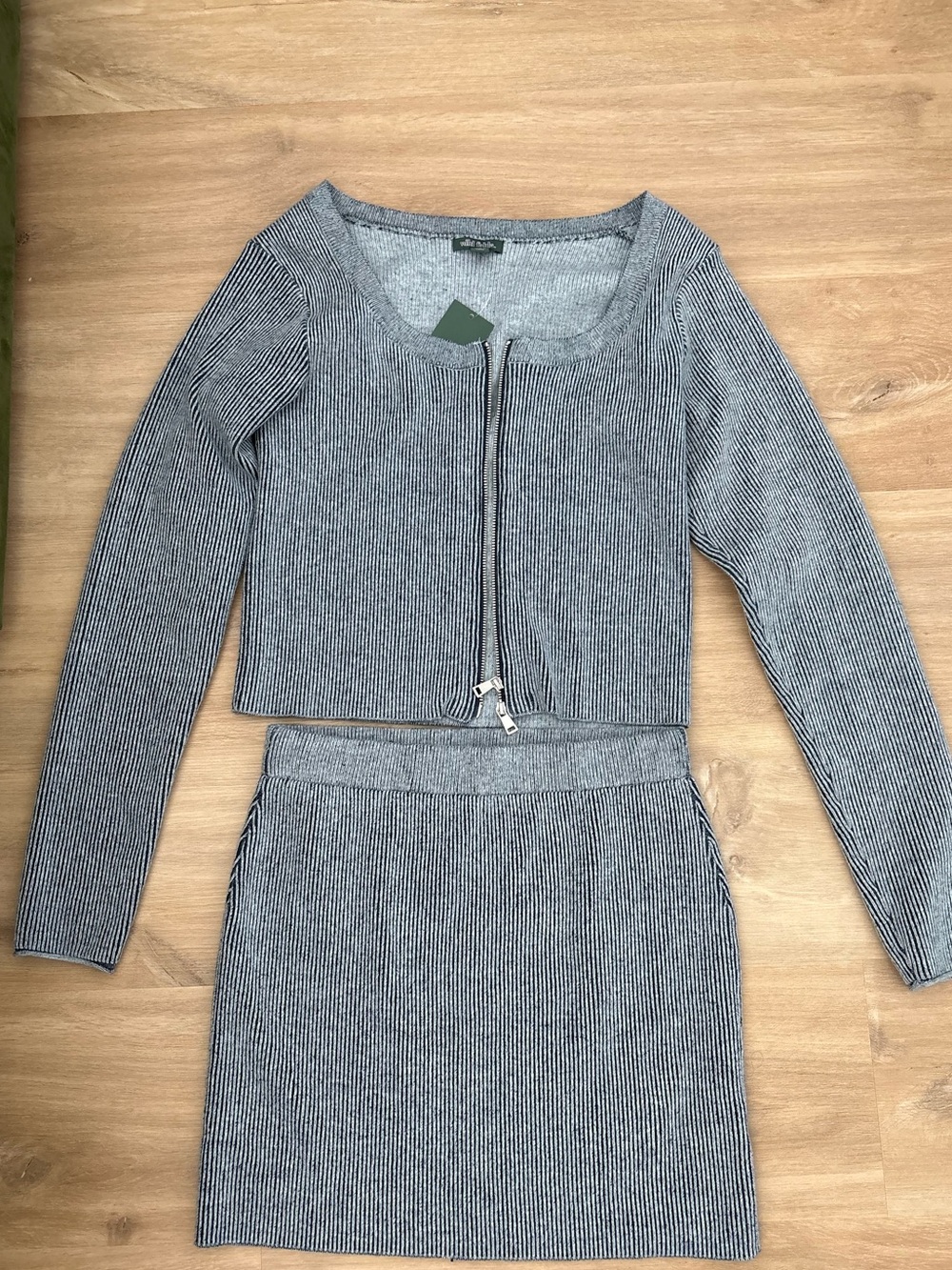 Ribbed Zip-Front Skirt Set - Blue